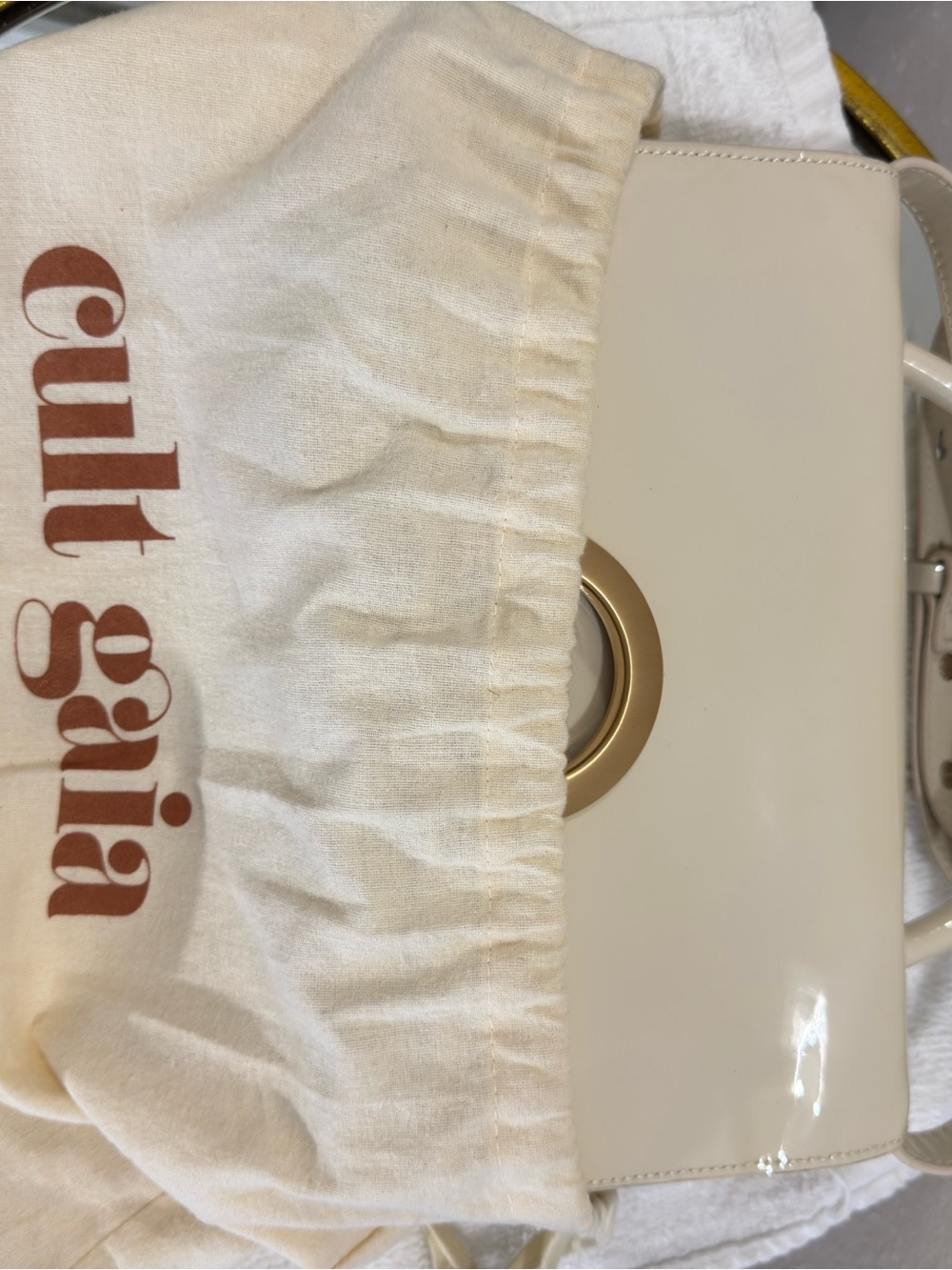 cult gaia Ivory Patent Leather Top-Handle Shoulder Bag with Gold Ring - Picture 2 of 5